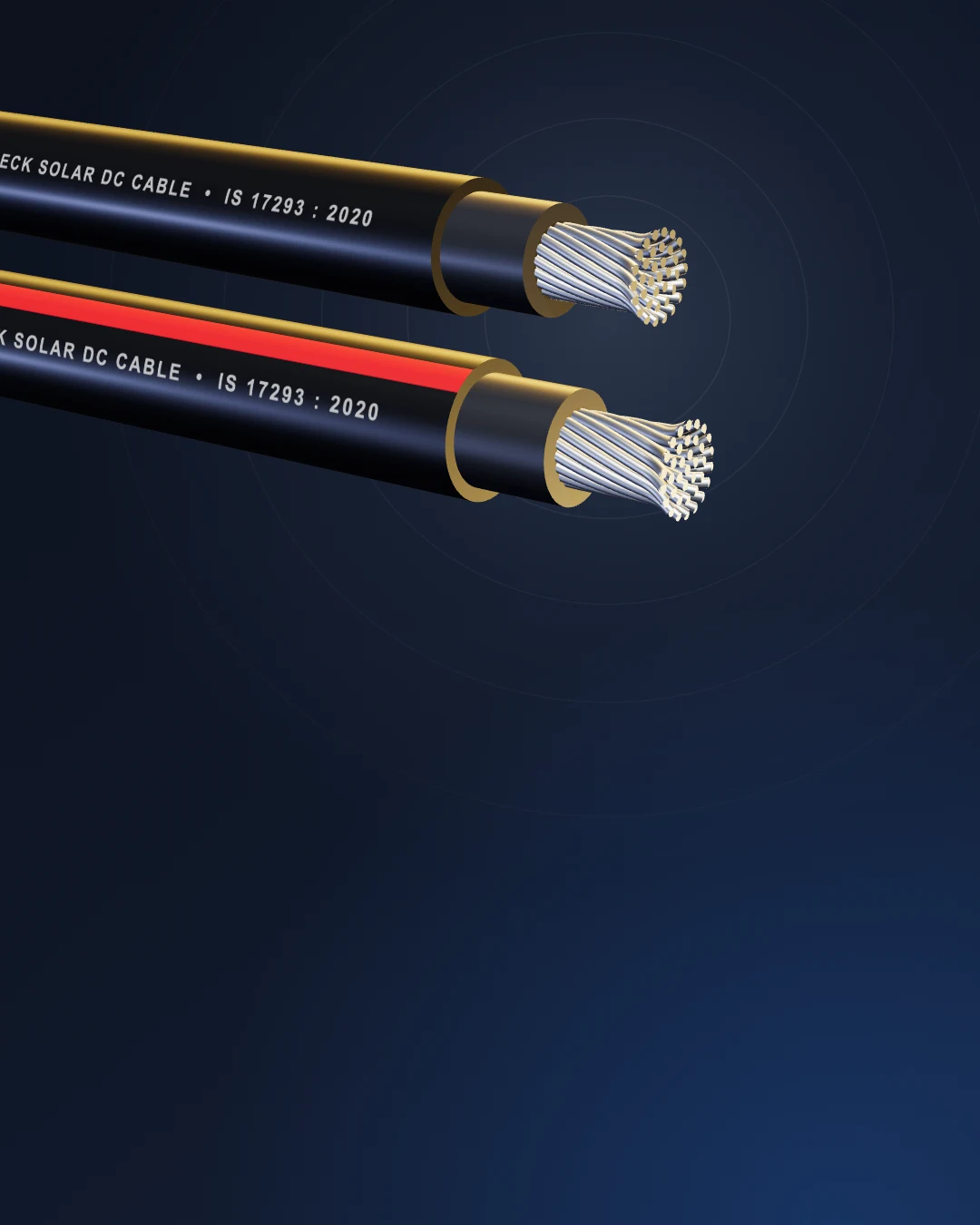 Elmeck solar DC cables marked IS 17293:2020, in black and black with red lining, showing tinned copper conductors